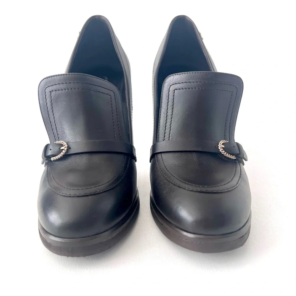 CHANEL || Dark Brown High Heel Loafer Pumps CC Logo Buckle Size EU 39